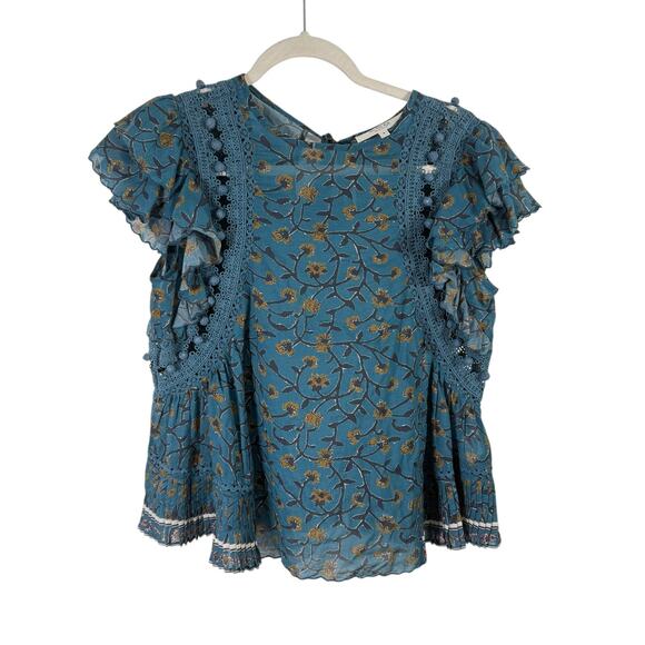 Sea New York Khloe Blue Floral Pom Pom Ruffled Flutter Sleeve Blouse Womens 2 - Picture 2 of 7